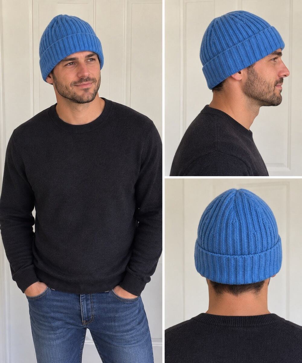 100% Cashmere Blue Ribbed Beanie Hat Soft Knit Winter Unisex